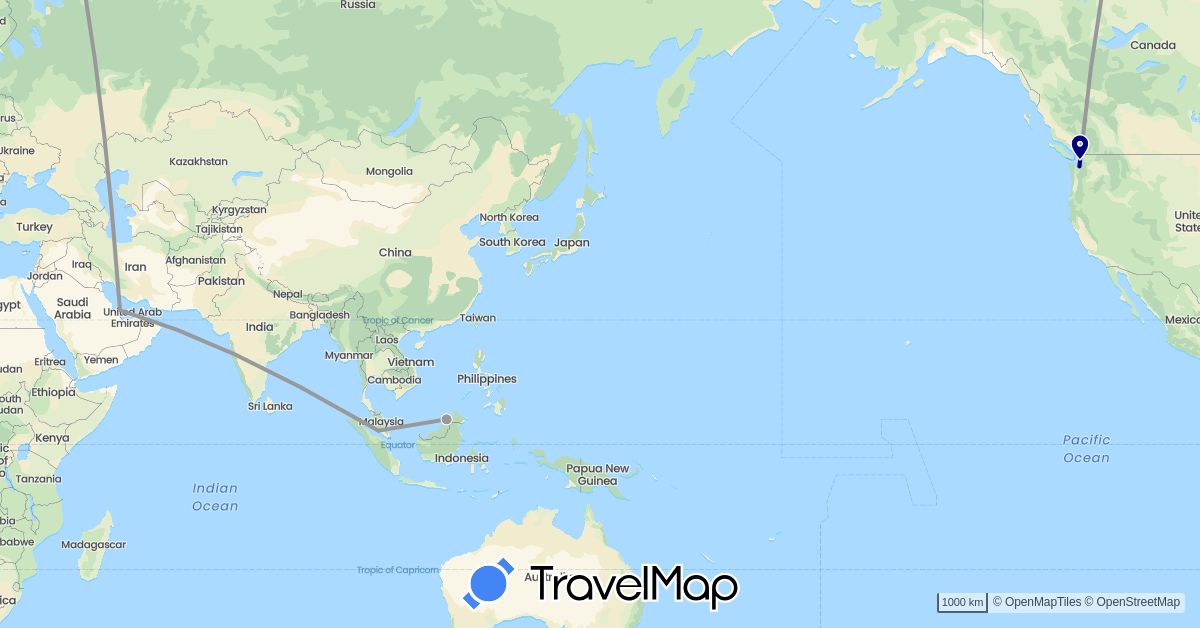 TravelMap itinerary: driving, plane in Brunei, Malaysia, Qatar, United States (Asia, North America)